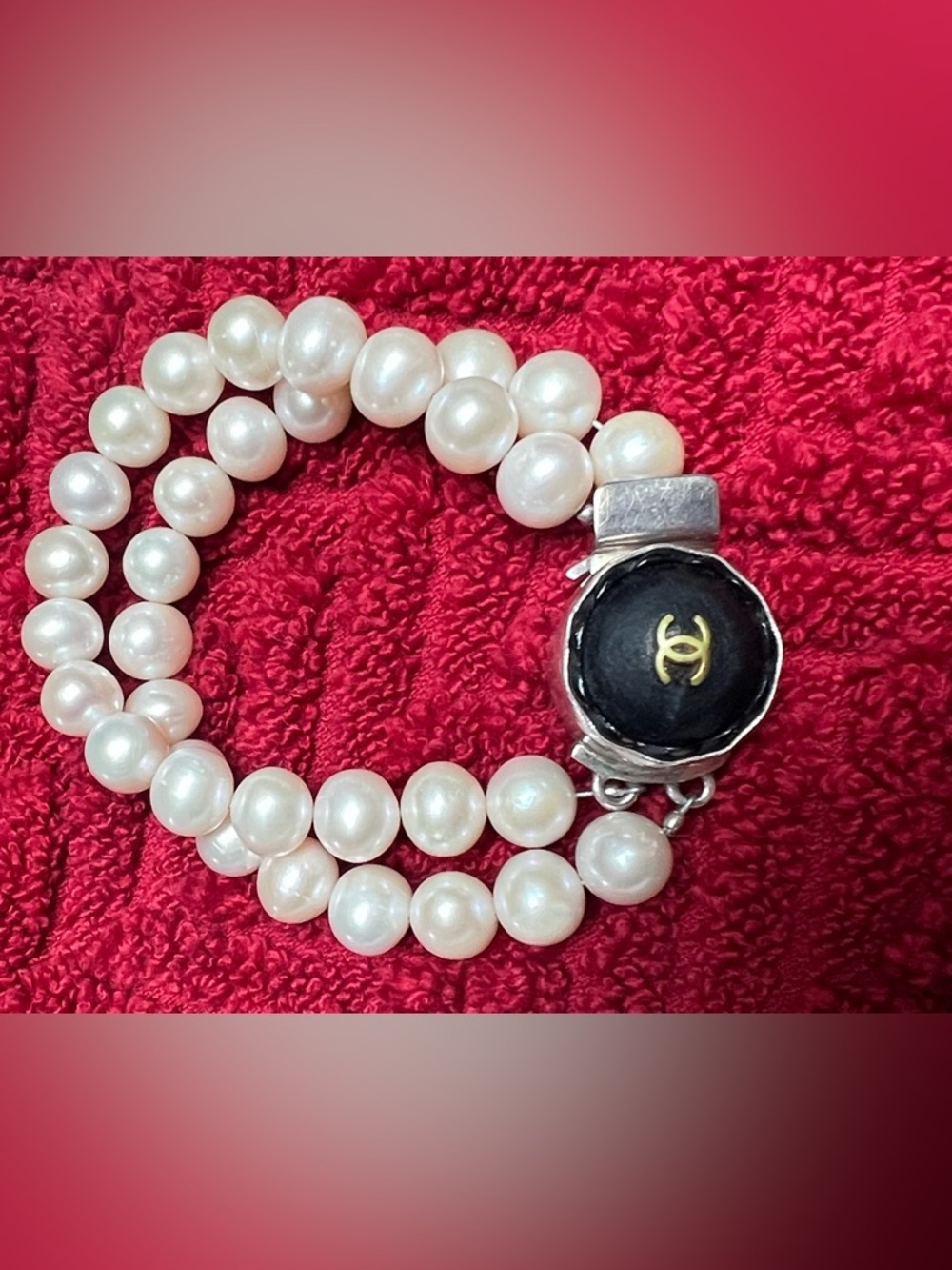 CHANEL Pearl Double-Strand Bracelet with Black & silver/gold Logo Clasp